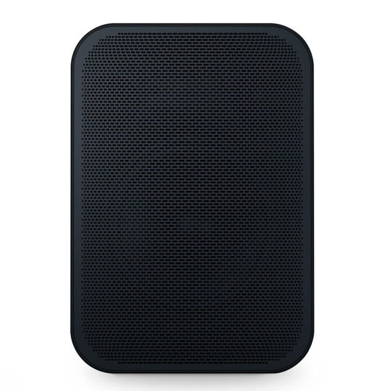 Compact black network streaming speaker with a perforated front grille, designed for PoE connectivity, featuring a sleek, modern rectangular shape.