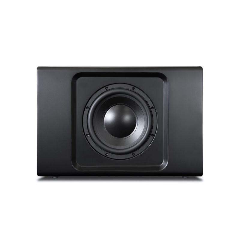 Black network powered subwoofer with a prominent front-facing speaker cone, featuring a sleek, minimalist design and sturdy construction, ideal for professional audio setups.