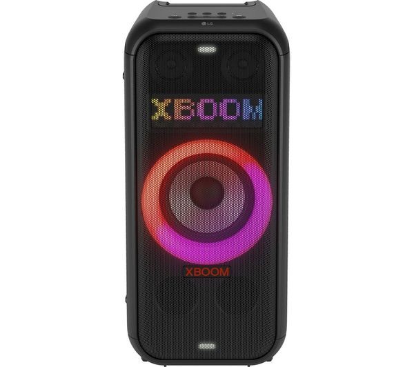 Black LG XBOOM DXL7T Bluetooth party speaker featuring a colorful LED light ring, front-facing speakers, and a sleek, modern design.