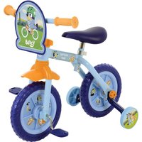 Bluey 2 in 1 10' Training Bike with blue frame, orange handlebars, purple seat, and cartoon character graphics.