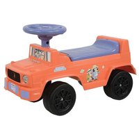 Orange Bluey 4x4 ride-on toy with blue seat, black wheels, and steering wheel, featuring Bluey character graphics.