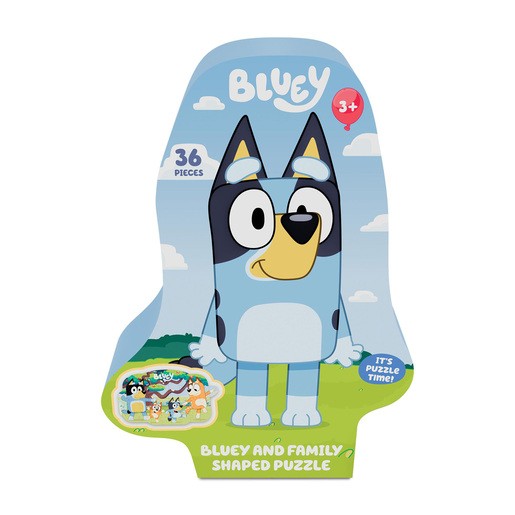 Colorful 36-piece shaped puzzle featuring Bluey, a blue dog character, with a playful design and a scenic background, suitable for ages 3 and up.
