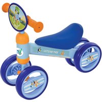Bluey Deluxe Bobble Ride On, blue and orange toddler bike with four wheels, Bluey character graphics on front.