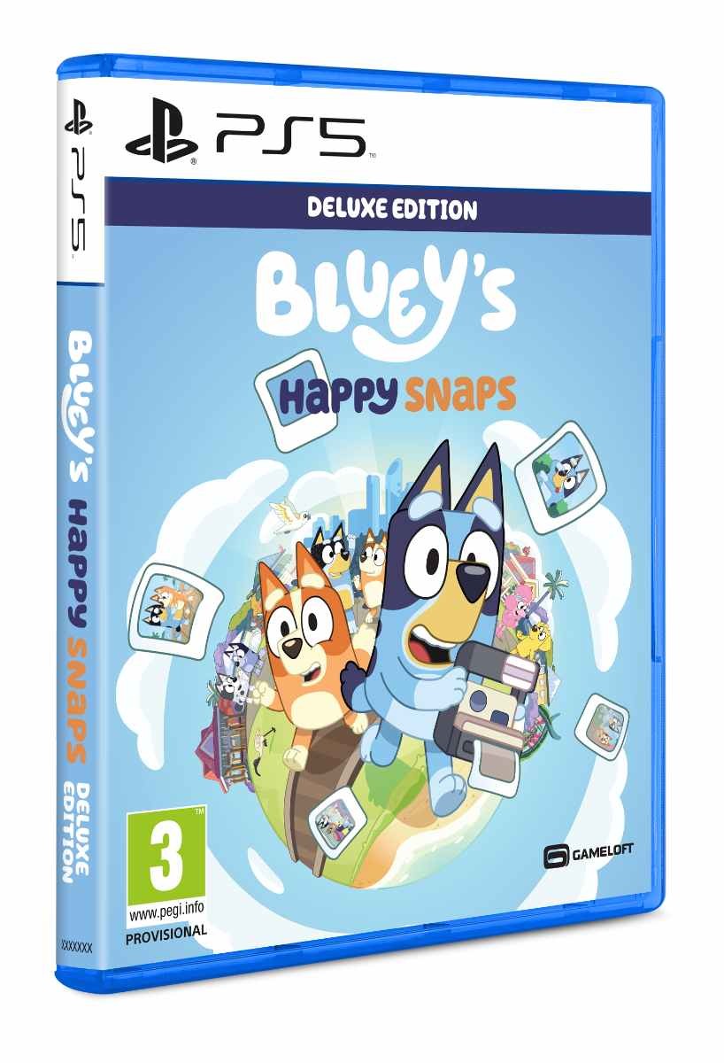 Bluey’s Happy Snaps Deluxe Edition for PS5 features a colorful cover with Bluey and Bingo, a blue and orange dog, surrounded by playful illustrations and a light blue background.