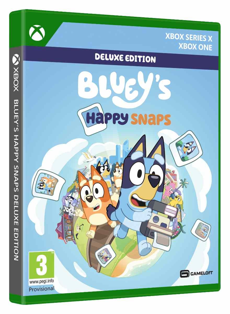 Colorful game cover featuring Bluey and Bingo, with a playful design, showcasing the title "BLUEY'S HAPPY SNAPS: Deluxe Edition" for Xbox Series X and Xbox One.
