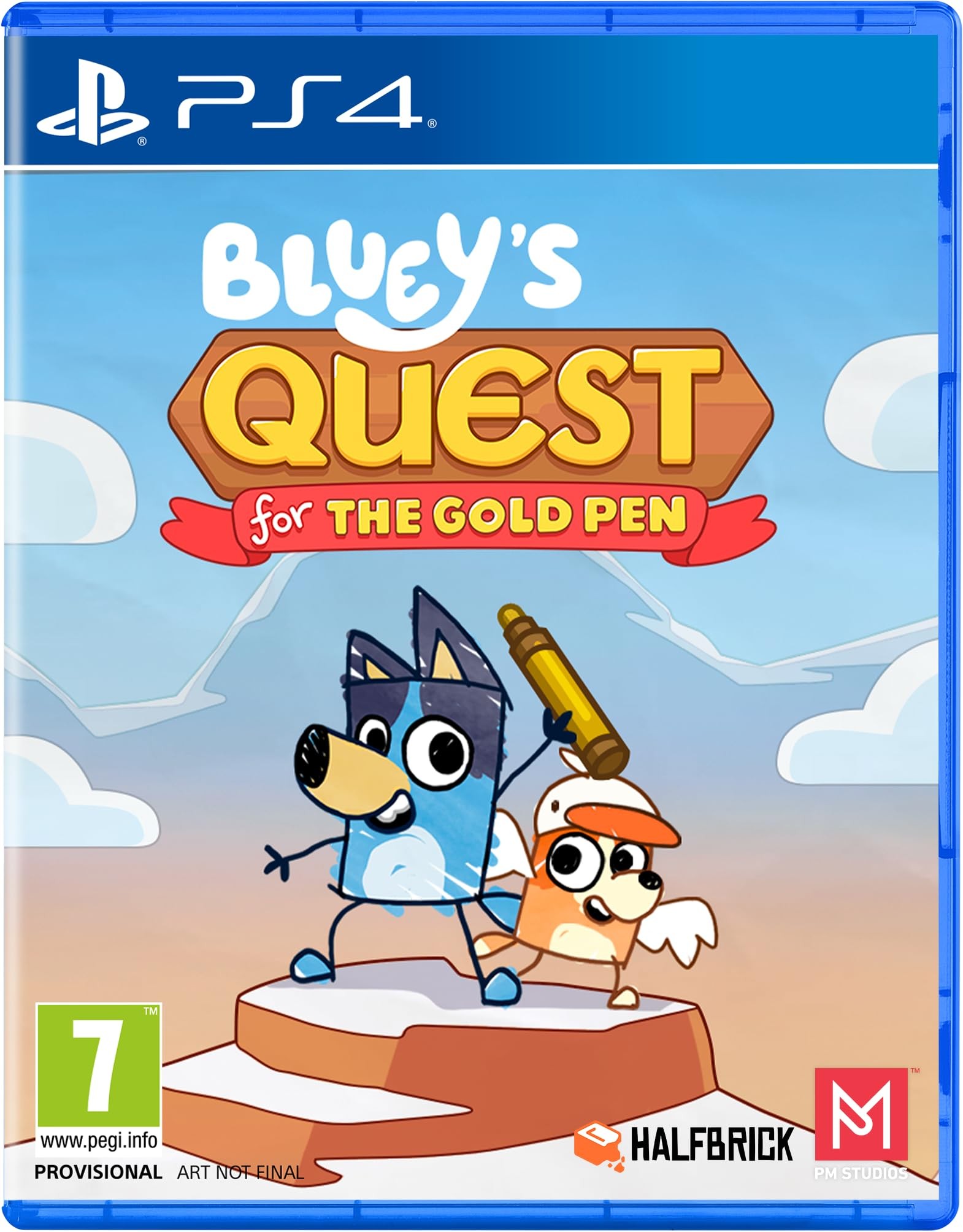 Bluey’s Quest for the Gold Pen for PS4 features colorful cartoon graphics with Bluey and a friend holding a golden pen, set against a vibrant sky and mountains backdrop.
