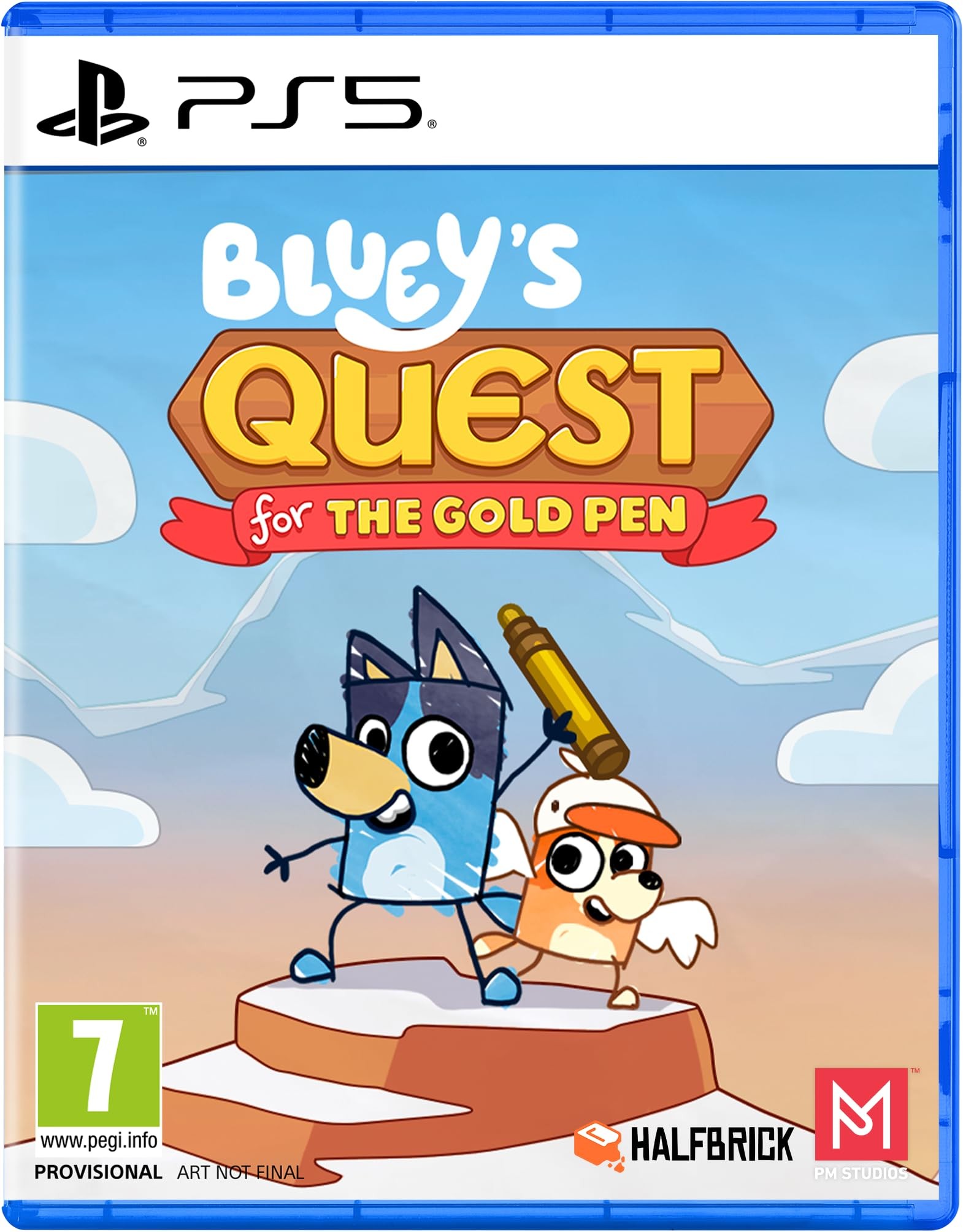 Bluey’s Quest for the Gold Pen for PS5 features vibrant artwork of Bluey and a character holding a gold pen, set against a colorful landscape background.