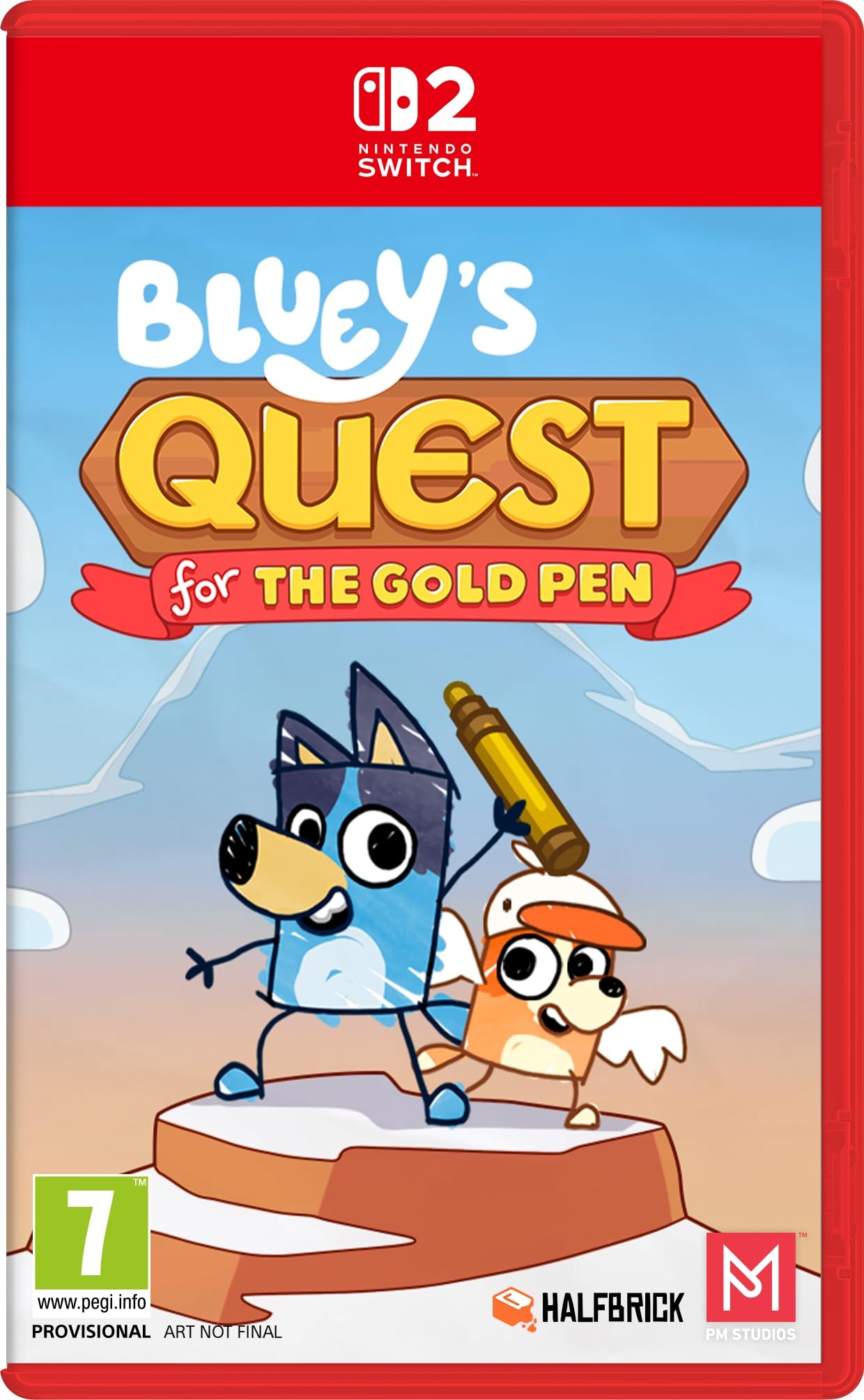 Bright red game case featuring "Bluey's Quest for the Gold Pen" title, with colorful cartoon characters Bluey and Bingo holding a gold pen against a blue sky backdrop.