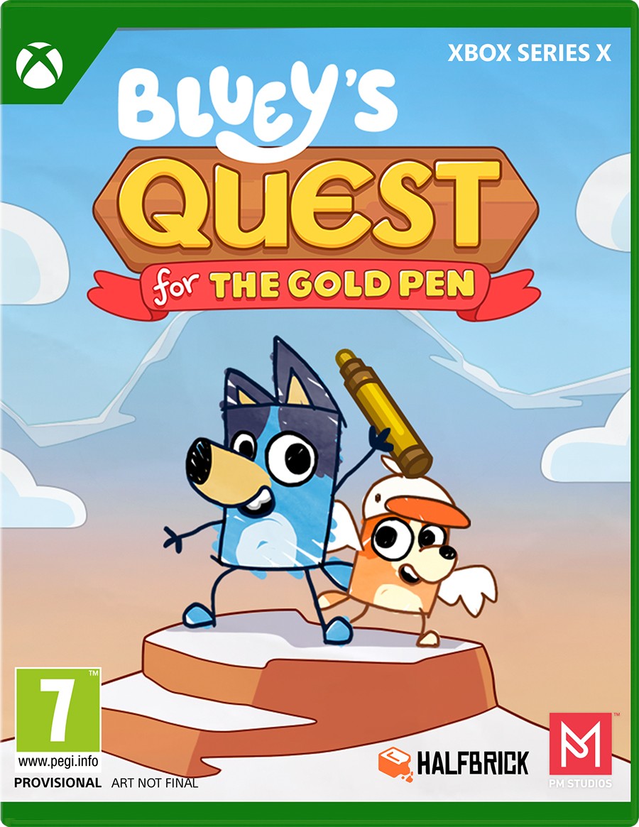 Bluey’s Quest for the Gold Pen for Xbox Series X features vibrant artwork of Bluey and Bingo holding a golden pen on a snowy mountain backdrop, with colorful text and game rating details.