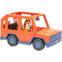 Orange and blue toy 4WD vehicle with open roof, featuring Bluey character in the driver's seat.