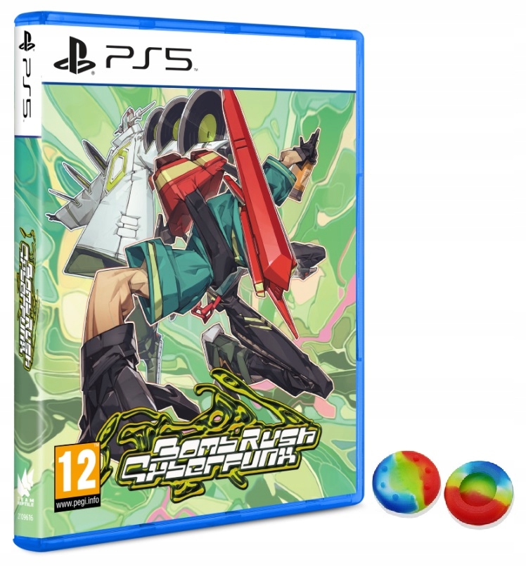 Cover art for "Bomb Rush Cyberfunk" features a dynamic, colorful illustration of a character in a futuristic outfit, with a blue PS5 case and two colorful round buttons beside it.