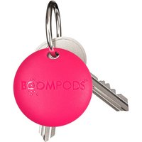 Pink Boompods Boomtag Item Finder attached to a keyring with two silver keys.