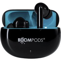 Black Boompods SKIM TWS in-ear Bluetooth headset with blue interior charging case.