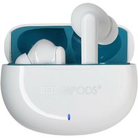 White Boompods SKIM TWS in-ear Bluetooth headset with blue interior charging case.