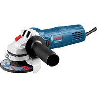Blue Bosch angle grinder with black handle, red switch, and circular cutting disc.