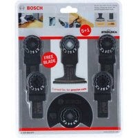 Bosch 6-piece Starlock blade set for wood and metal, black with circular and straight edges in clear packaging.