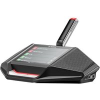 Black Bosch teleconferencing unit with touchscreen, microphone, and speaker grille, featuring red accents.