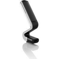Black and silver Bosch conference microphone with angular design and sleek stand.