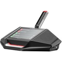 Bosch audio conferencing system with touchscreen, sleek black design, integrated microphone, and red accents.