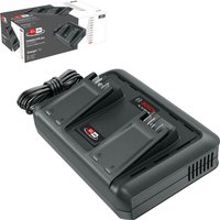 Black Bosch twin 18V cordless Li-ion battery charger with dual slots and power cord, packaged in branded box.