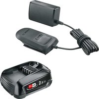 Bosch 18v cordless Li-ion battery 2.5ah with black standard charger, compact design and visible Bosch branding.