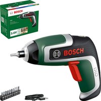 Green and black Bosch IXO 7 cordless screwdriver with red trigger, silver accents, and included bit set.