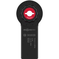 Black Bosch PRO Starlock Max caulk blade with red center, circular top, and flat cutting edge.