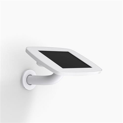 White Bouncepad Branch mount for Apple iPad Mini 6th Gen, featuring an exposed front camera, with a sleek design and a curved arm for wall installation.