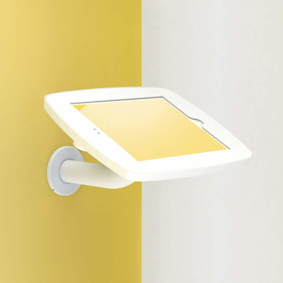 White wall-mounted tablet holder designed for Apple iPad Pro 1st Gen 9.7 (2016), featuring a sleek, curved arm and a secure, covered display area.