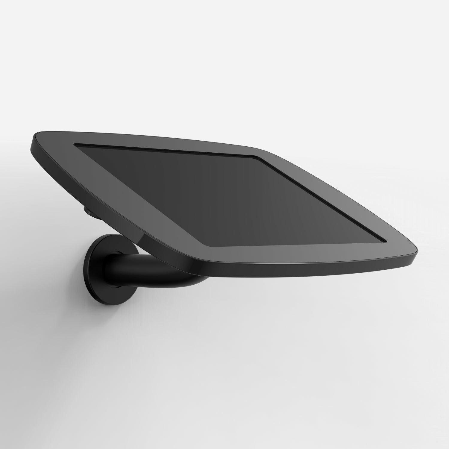Black Bouncepad Branch with a sleek, curved design, featuring a covered front camera and home button, securely mounted on a wall.