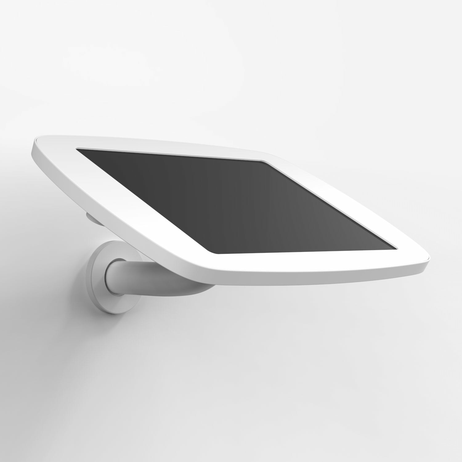 White Bouncepad Branch with an exposed front camera and home button, featuring a sleek, curved design mounted on a wall, ideal for secure tablet use.