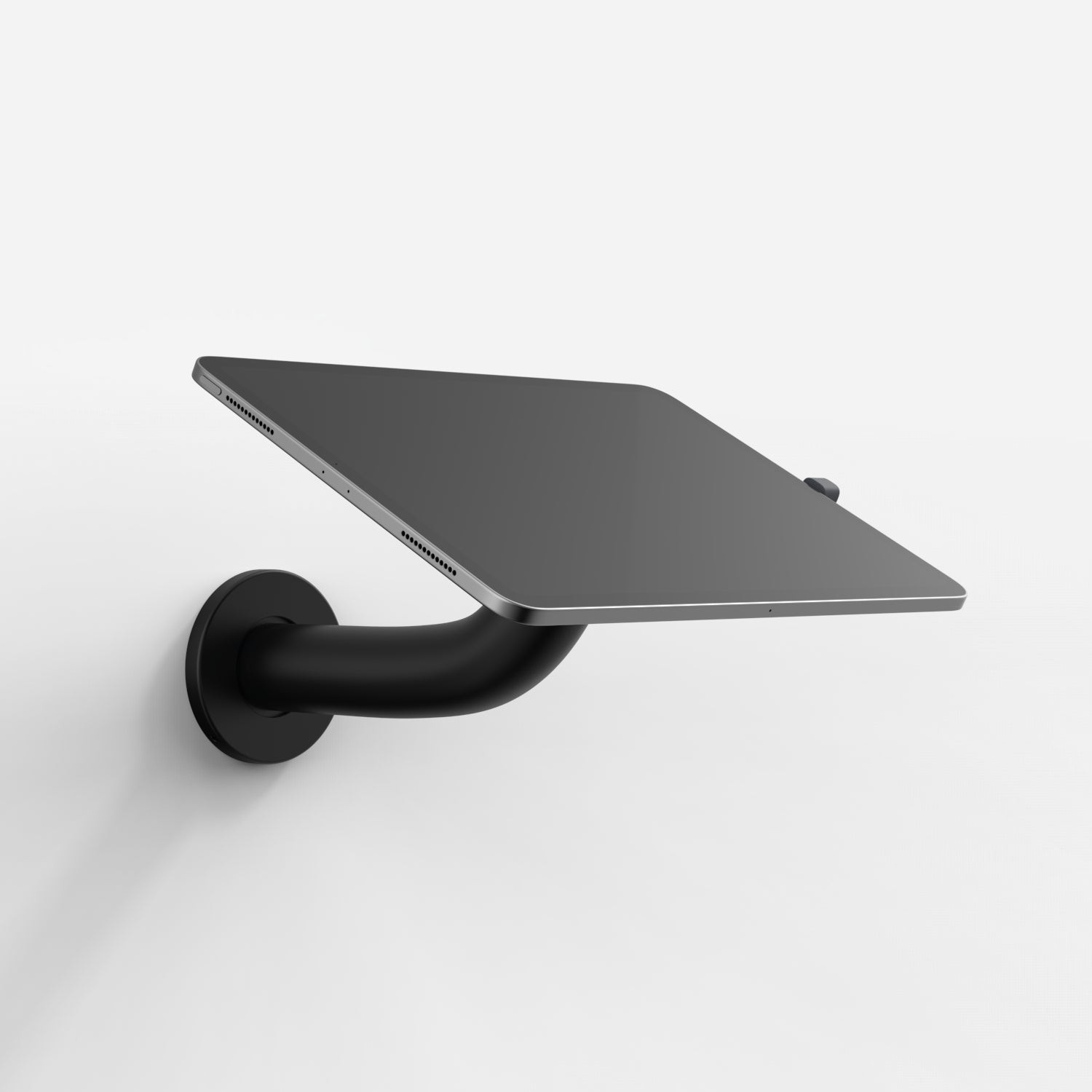 Black Bouncepad Core Branch mount with a sleek, angled platform designed for USB-C tablets, featuring a sturdy, curved arm for wall attachment.