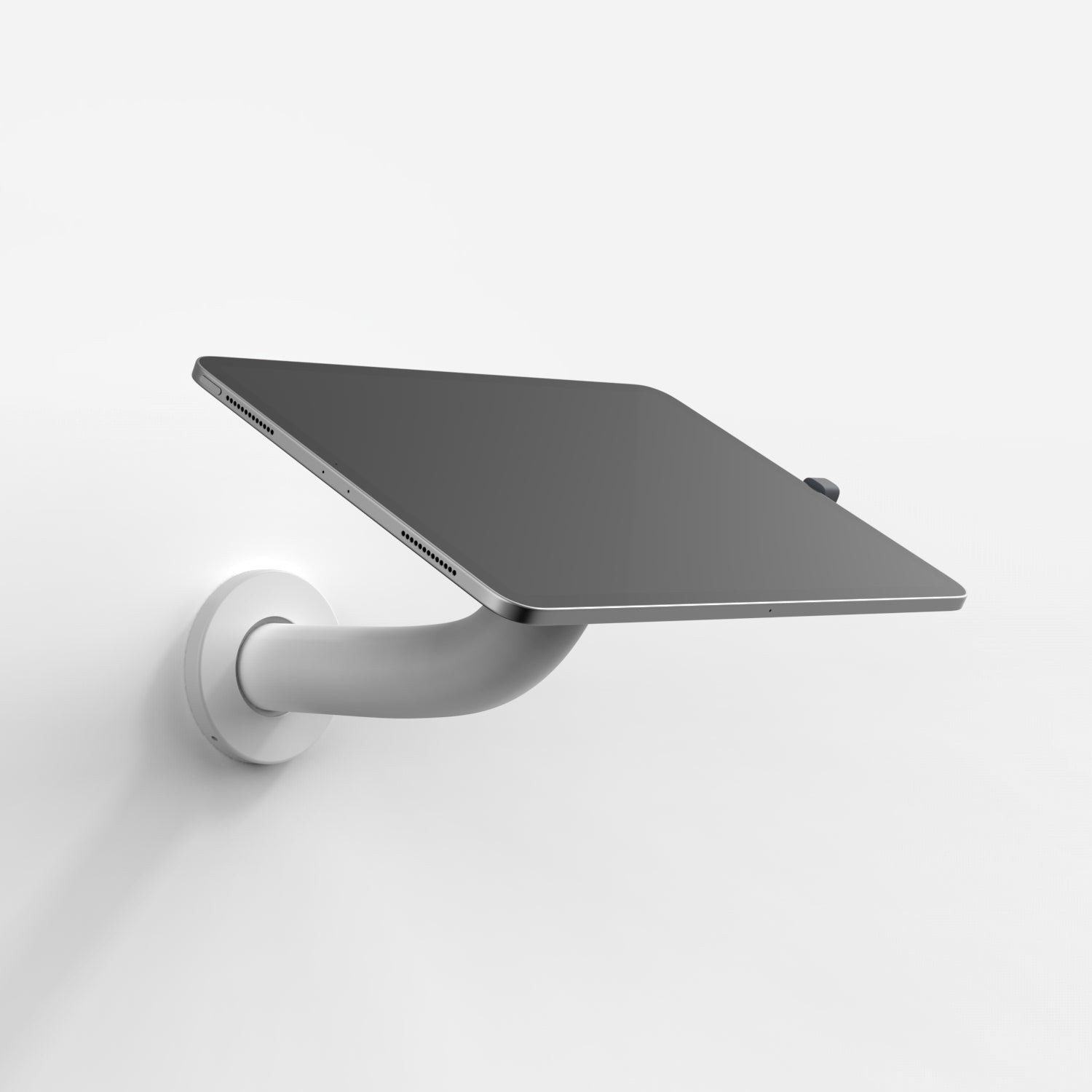 White Bouncepad Core Branch mount with a sleek, angled design, featuring a sturdy arm and a smooth surface, designed for USB-C tablets.