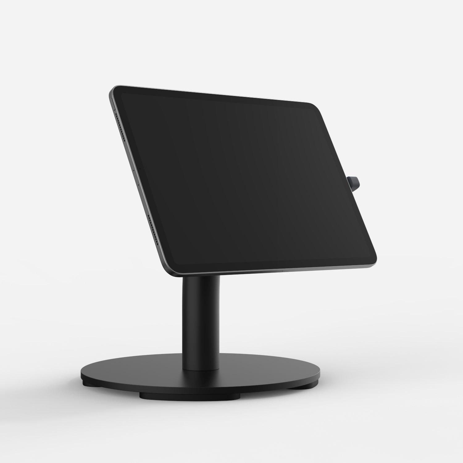 Black Bouncepad Core Counter 60 features a sturdy round base and an adjustable stand, designed to securely hold all USB-C tablets at an ergonomic viewing angle.