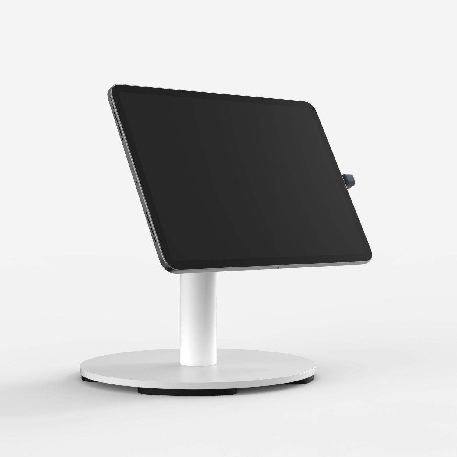 White Bouncepad Core Counter 60 features a sturdy circular base and an adjustable stand, designed to securely hold USB-C tablets at an ergonomic angle.