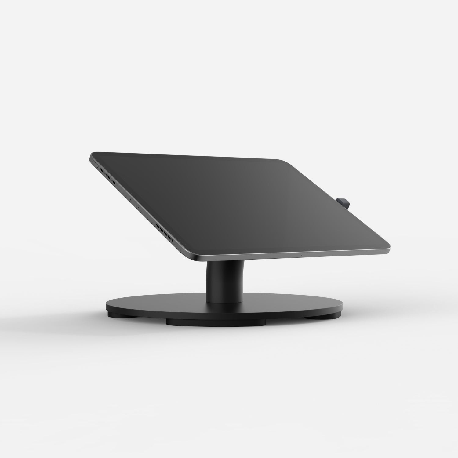 Black Bouncepad Core Counter stand featuring a sleek, modern design with a circular base, adjustable angle for USB-C tablets, and a minimalist aesthetic.