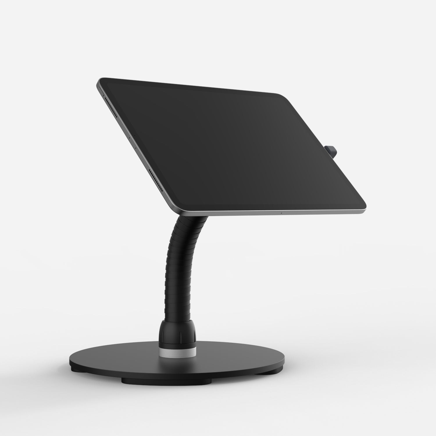 Black Bouncepad Core Counter Flex with a flexible neck, sturdy round base, and a sleek design, compatible with all USB-C tablets.