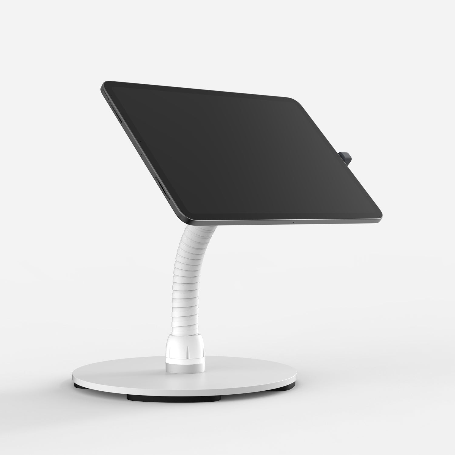 White Bouncepad Core Counter Flex with a flexible neck, designed for USB-C tablets, featuring a sturdy circular base and an adjustable tablet holder.