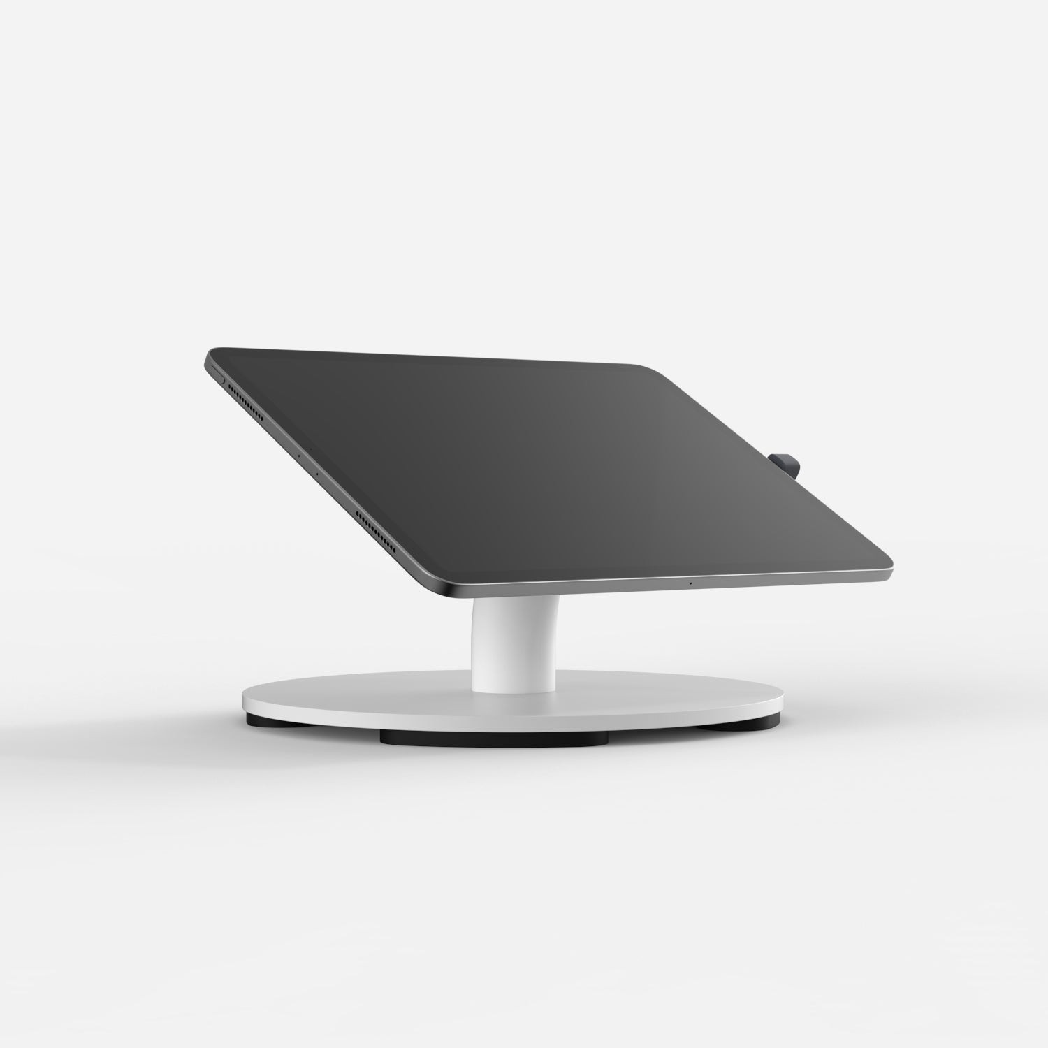 White Bouncepad Core Counter with a sleek design, featuring a sturdy circular base and an adjustable stand for USB-C tablets, showcasing a modern and minimalist aesthetic.