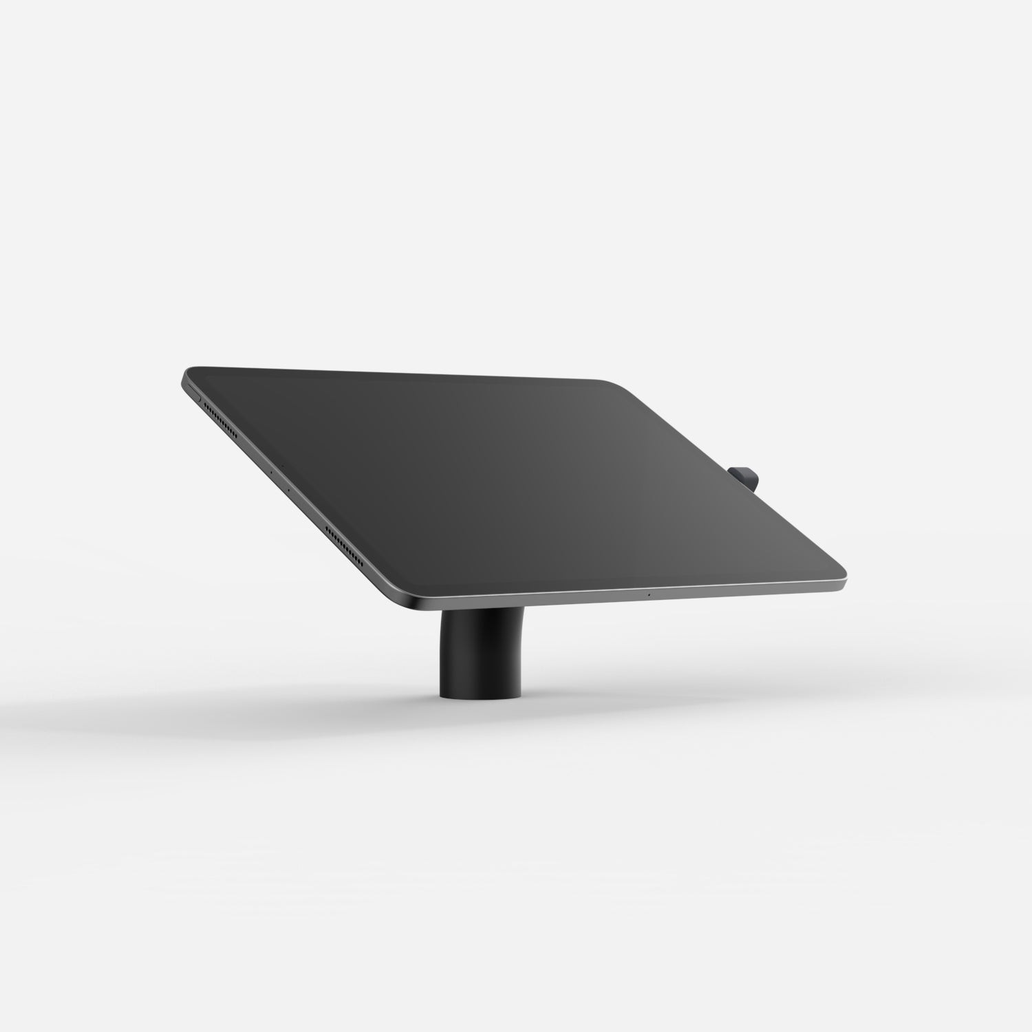 Black Bouncepad Core Desk stand with a sleek, angled design, featuring a sturdy base and compatibility with all USB-C tablets.
