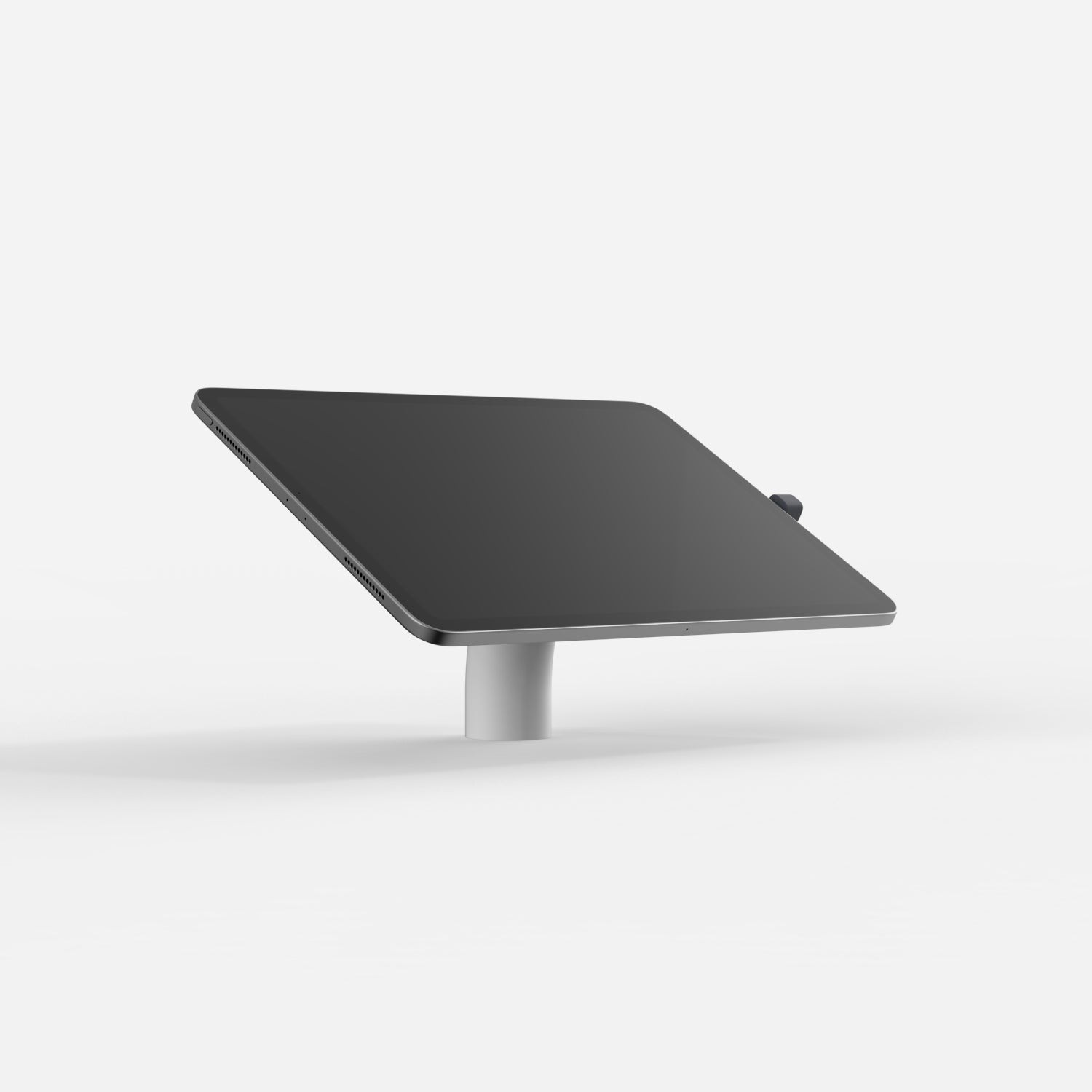 White Bouncepad Core Desk stand featuring a sleek design, adjustable angle, and compatibility with all USB-C tablets, mounted on a sturdy silver pole.