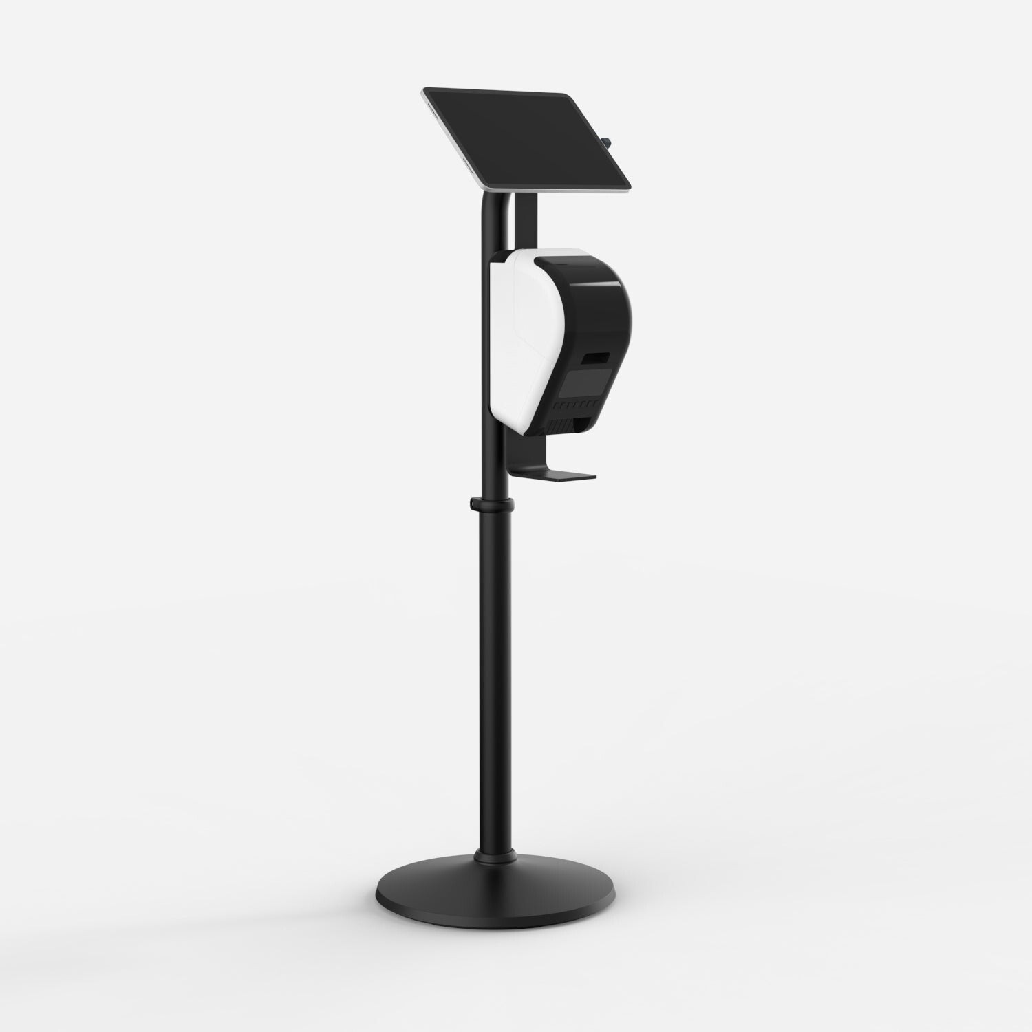 Black metal stand with a sleek design, featuring a tablet mount on top and a white Brother printer mount below, ideal for interactive displays.