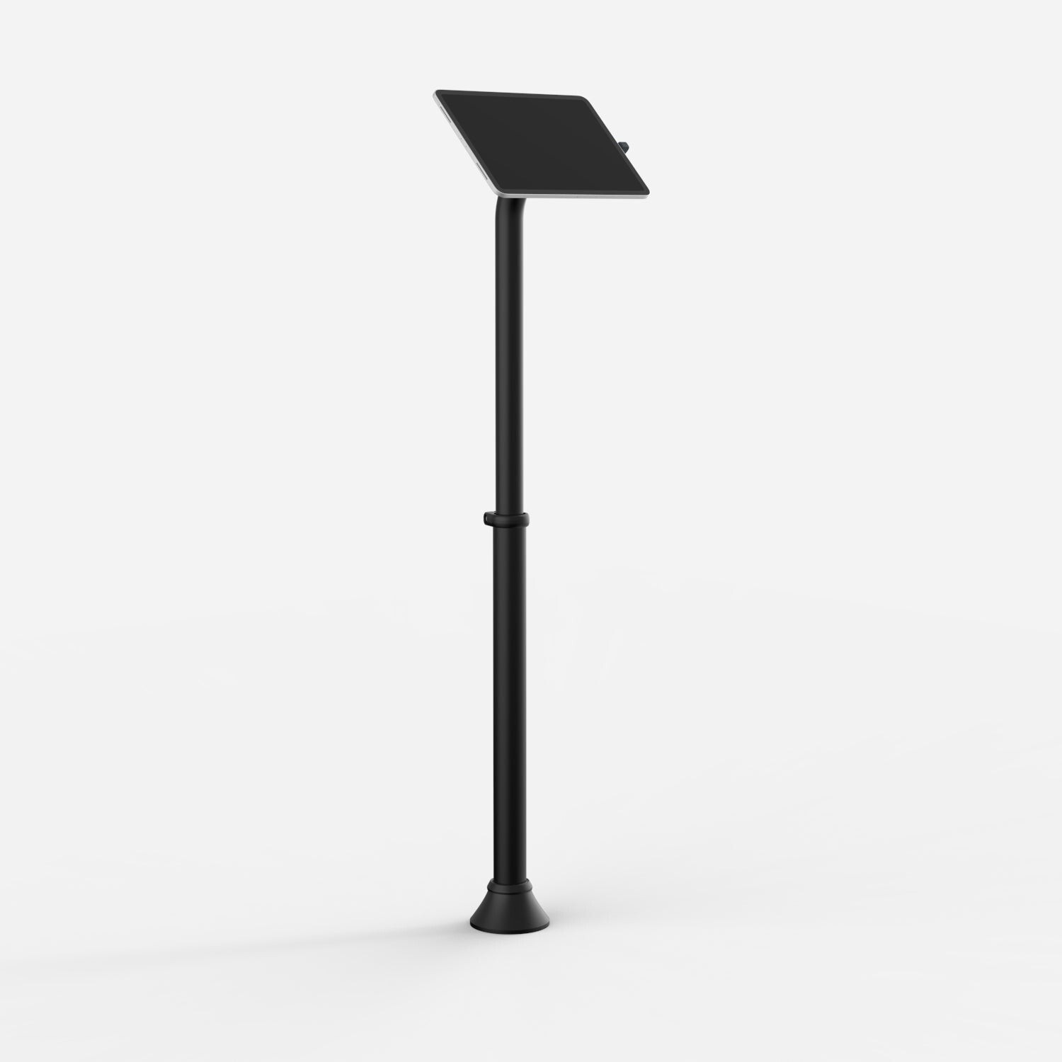 Black tablet and iPad mount with a slim design, featuring a sturdy pole and a secure holder for devices, ideal for retail or display settings.