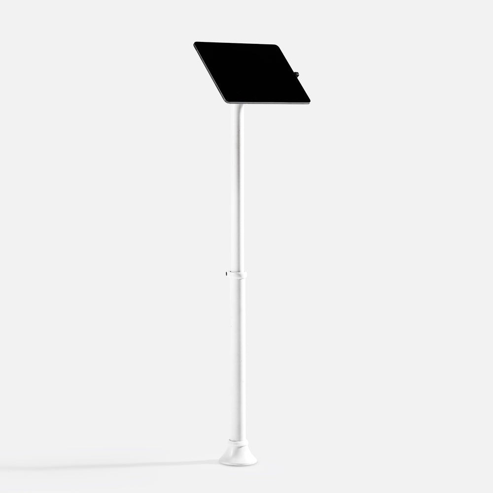 White tablet mount with a slim, adjustable pole and a sleek black tablet holder, designed for secure display and easy access.
