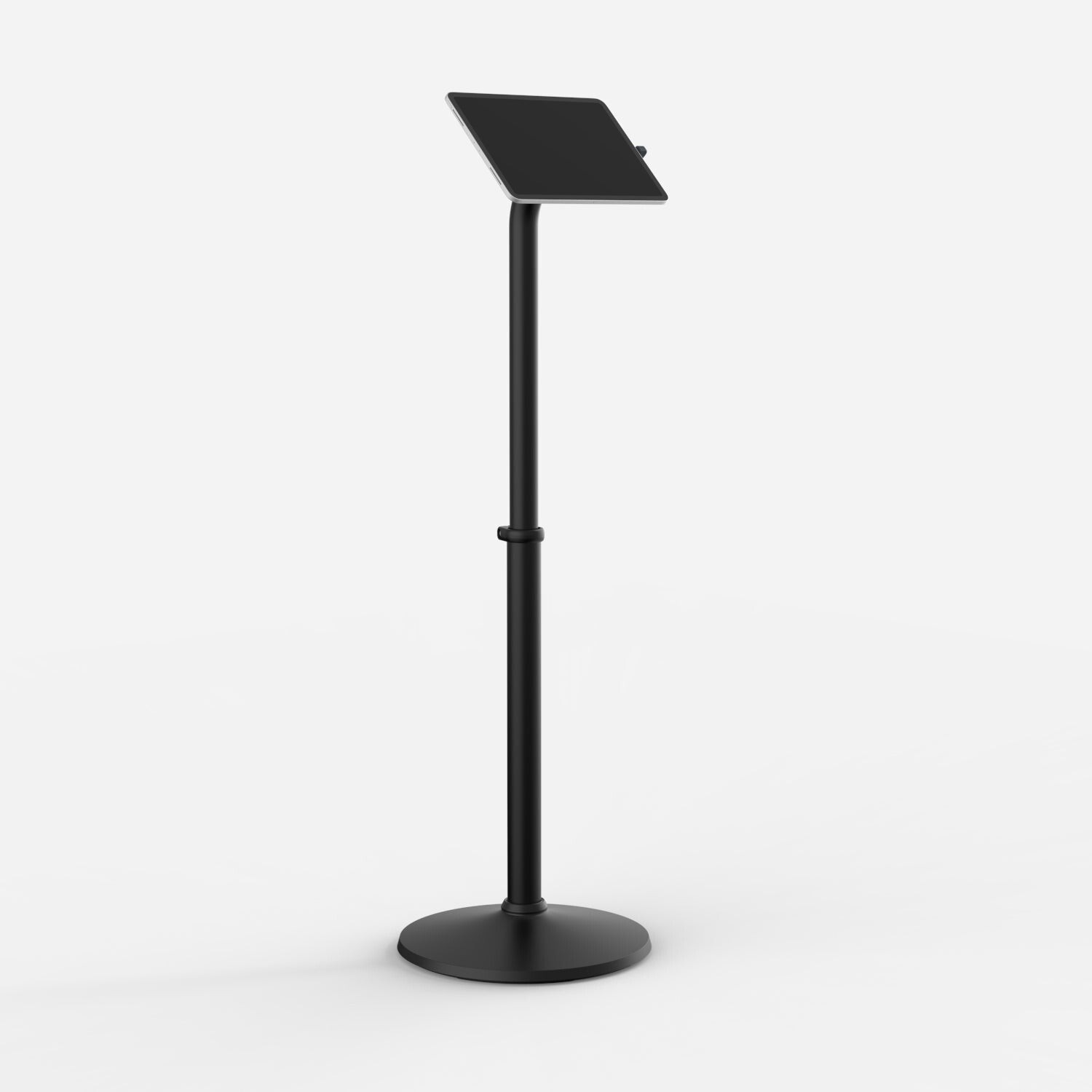 Black tablet and iPad mount with a sleek design, featuring a sturdy base, adjustable height pole, and a secure holder for tablets, ideal for presentations or displays.