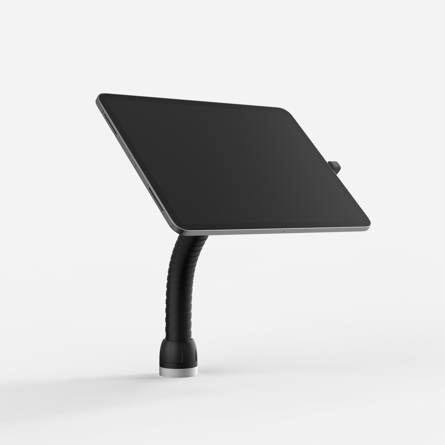 Black Bouncepad Core Flex with a flexible arm, designed for USB-C tablets, featuring a sleek, minimalist design and a sturdy base for stability.