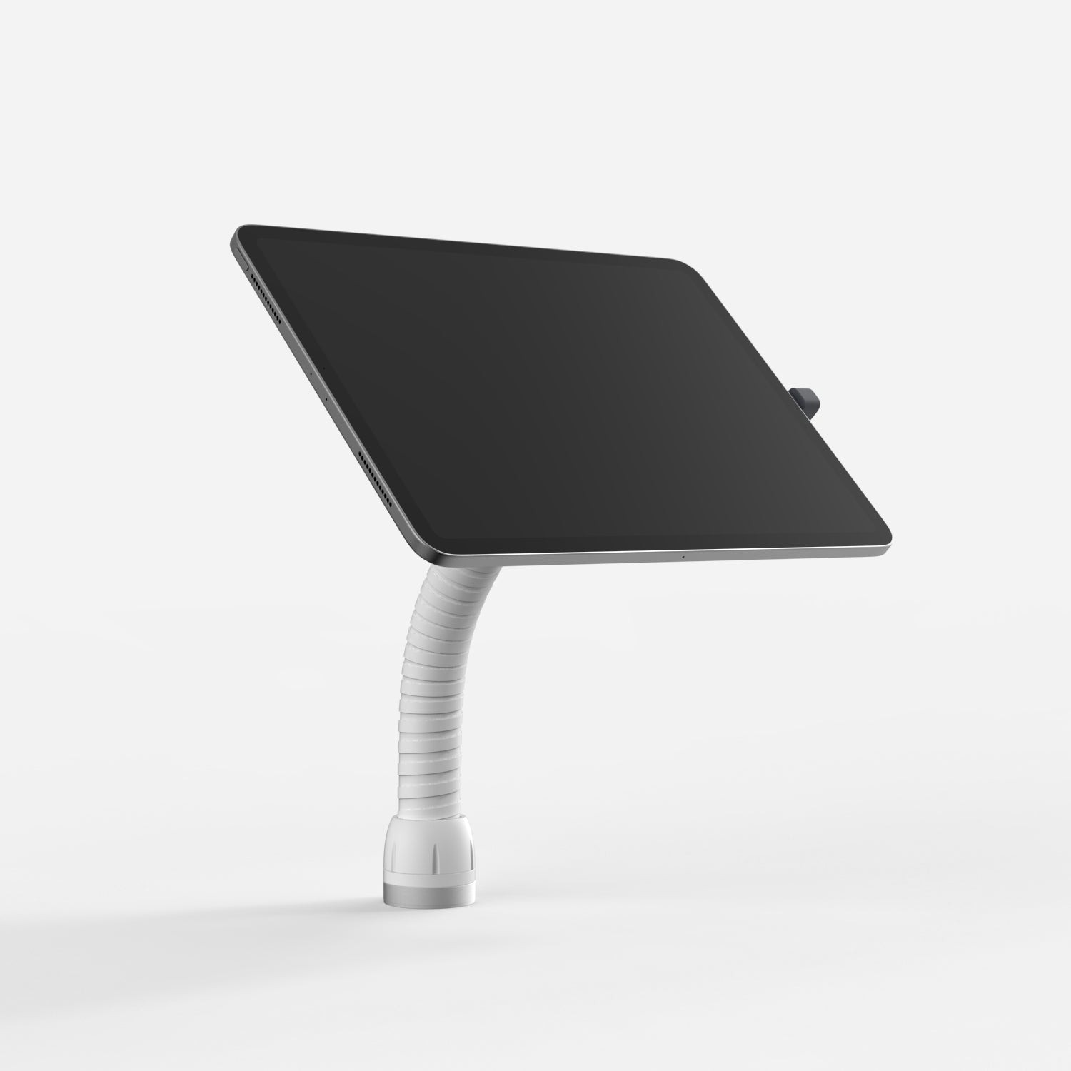 White Bouncepad Core Flex with a flexible neck, designed for USB-C tablets, featuring a sleek, minimalistic design and a sturdy base for secure positioning.