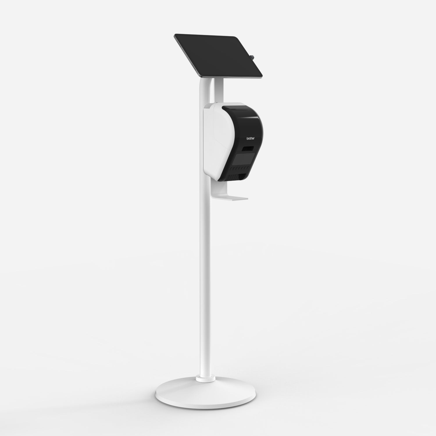White floorstanding kiosk with a sleek design, featuring a tablet holder at the top and a Brother printer mount integrated into the base.