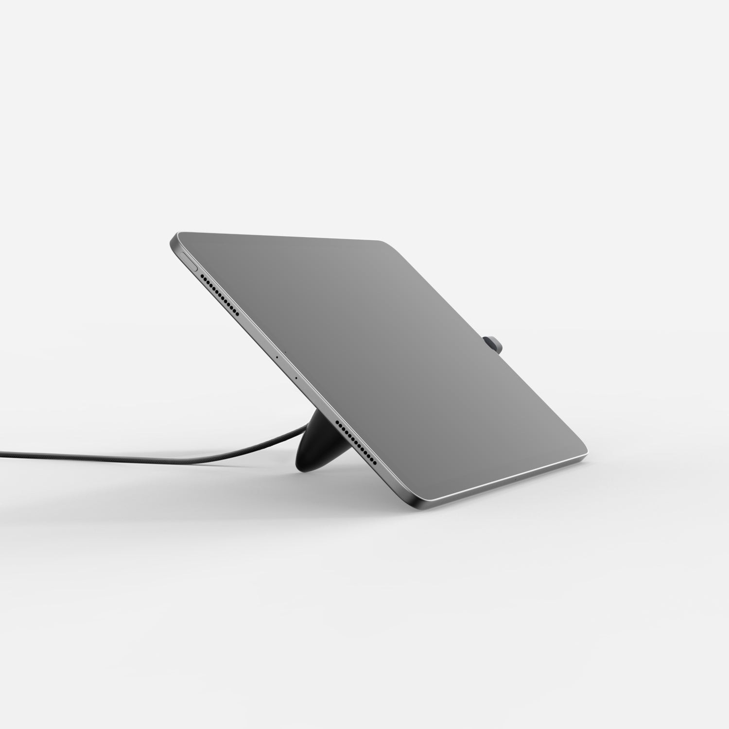 Black Bouncepad Core Lounge stand with a sleek design, angled for optimal viewing, featuring a USB-C connection and a sturdy base for stability.
