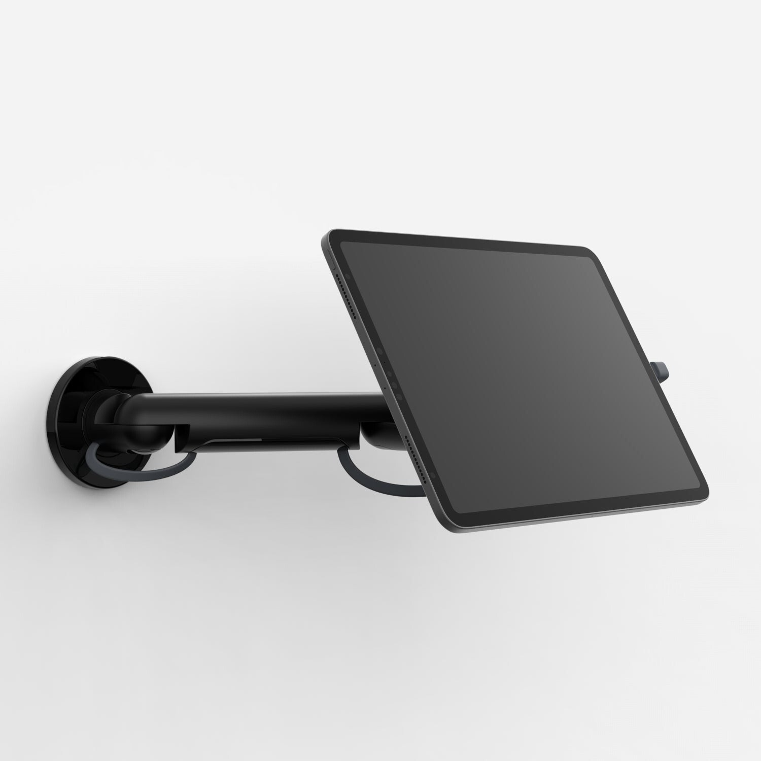 Black Bouncepad Core Reach tablet mount with a sleek design, featuring a sturdy arm and adjustable holder for USB-C tablets, ideal for secure and versatile positioning.